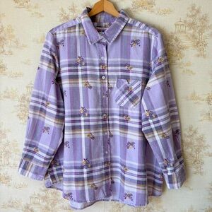 Vintage cottagecore purple yellow floral plaid button up flannel shirt XX